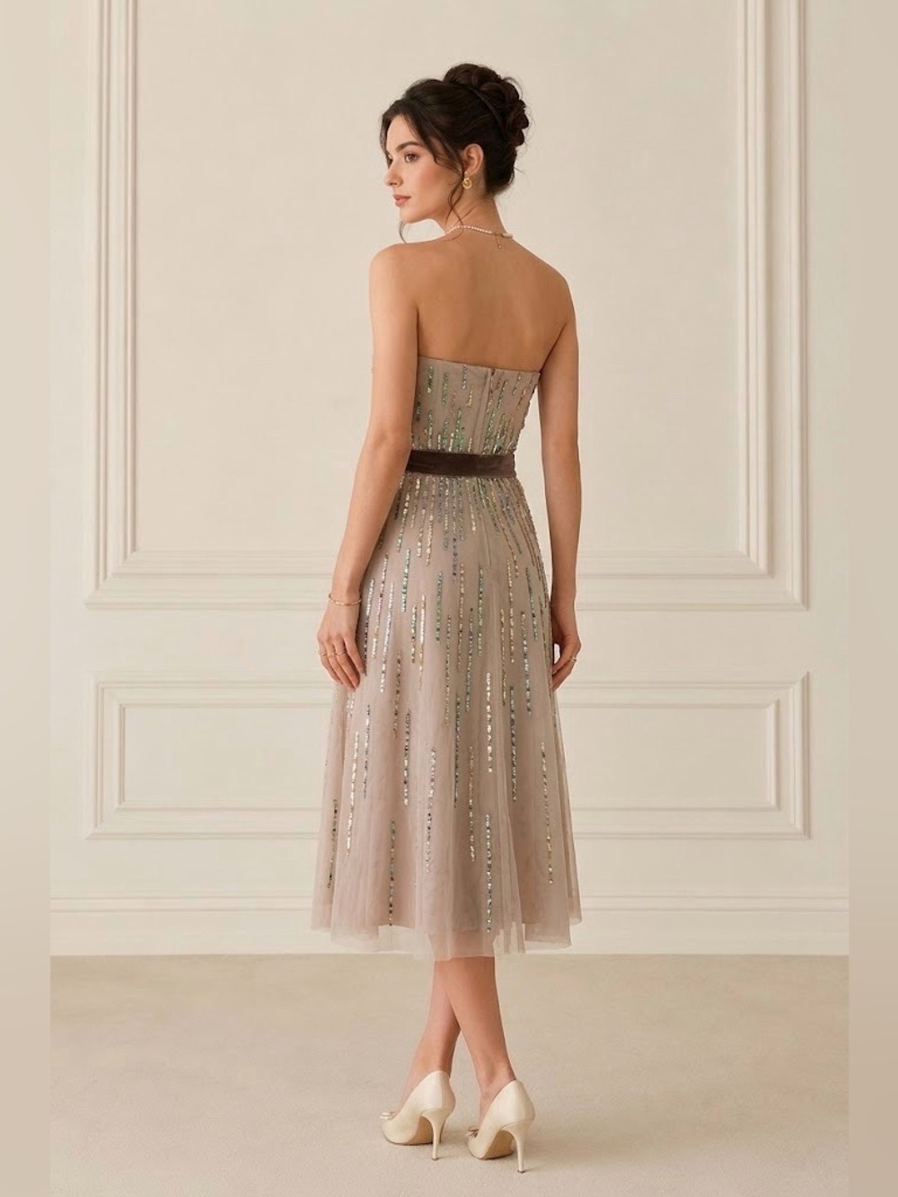 BCBGMAXAZRIA Sequin Tulle Midi Dress Taupe Brown Velvet Formal Events Wedding S - Picture 3 of 10